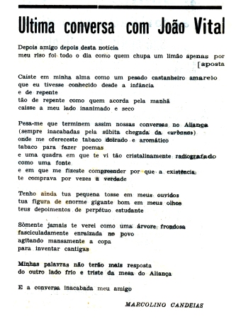 Poema dedicado ao poeta João Vital, publicado no Glacial nº 75 de 22 de Fevereiro de 1972